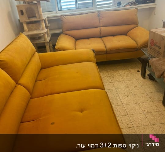 ספות צהובות בחדר עם חלון ותריסים